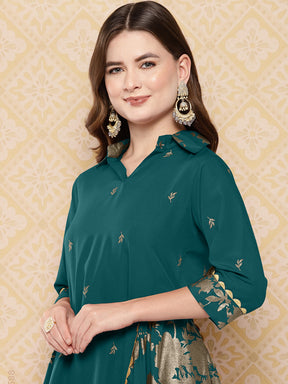 Floral Woven Design Shirt Collar Tunic With Palazzo