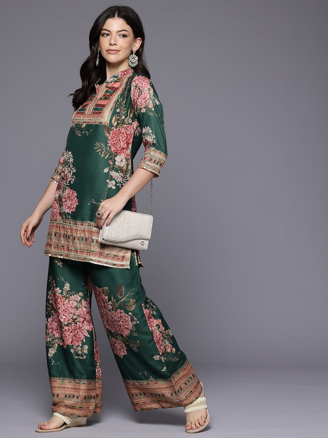 Printed Mandarin Collar Tunic with Palazzos