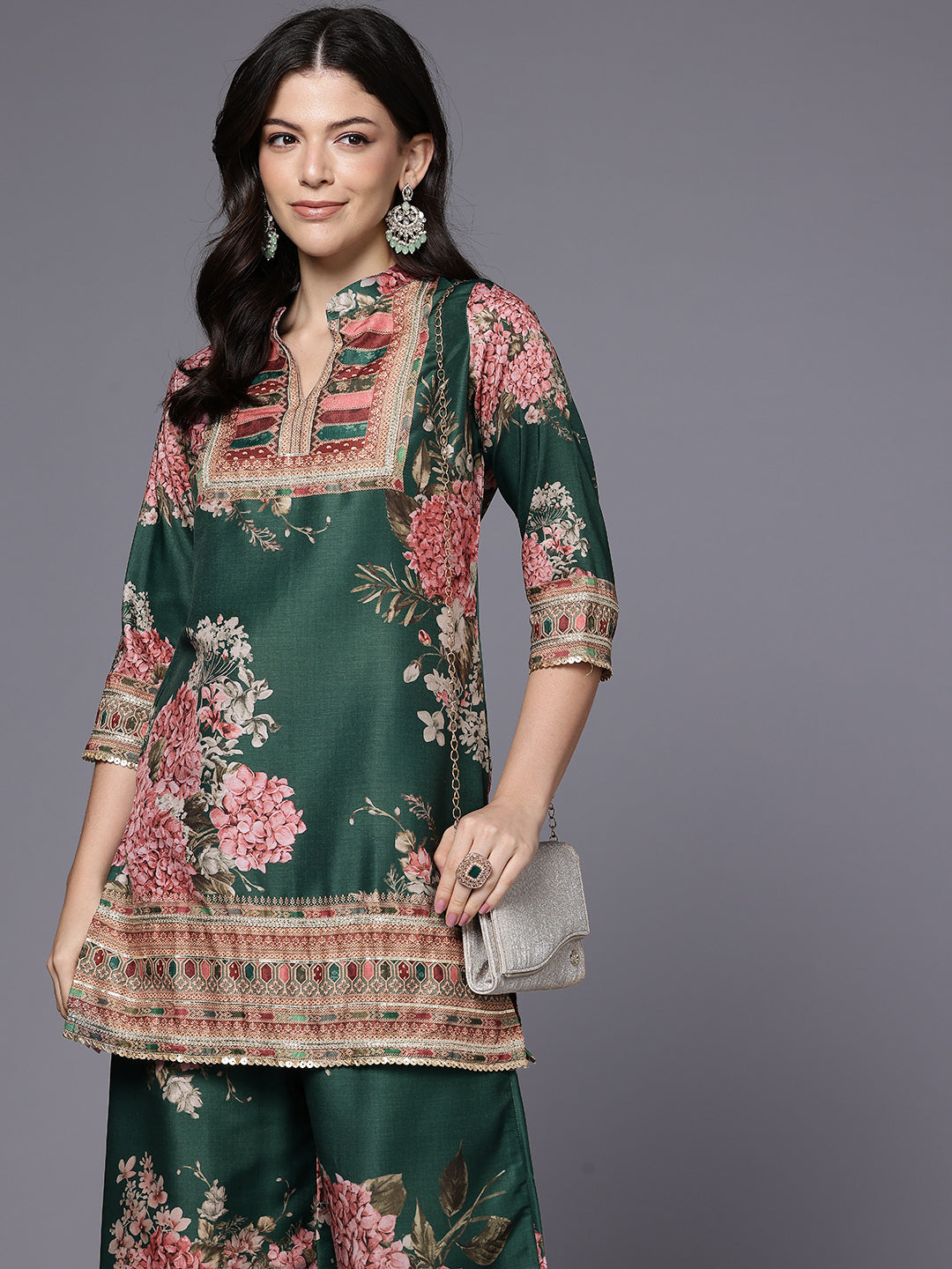 Printed Mandarin Collar Tunic with Palazzos