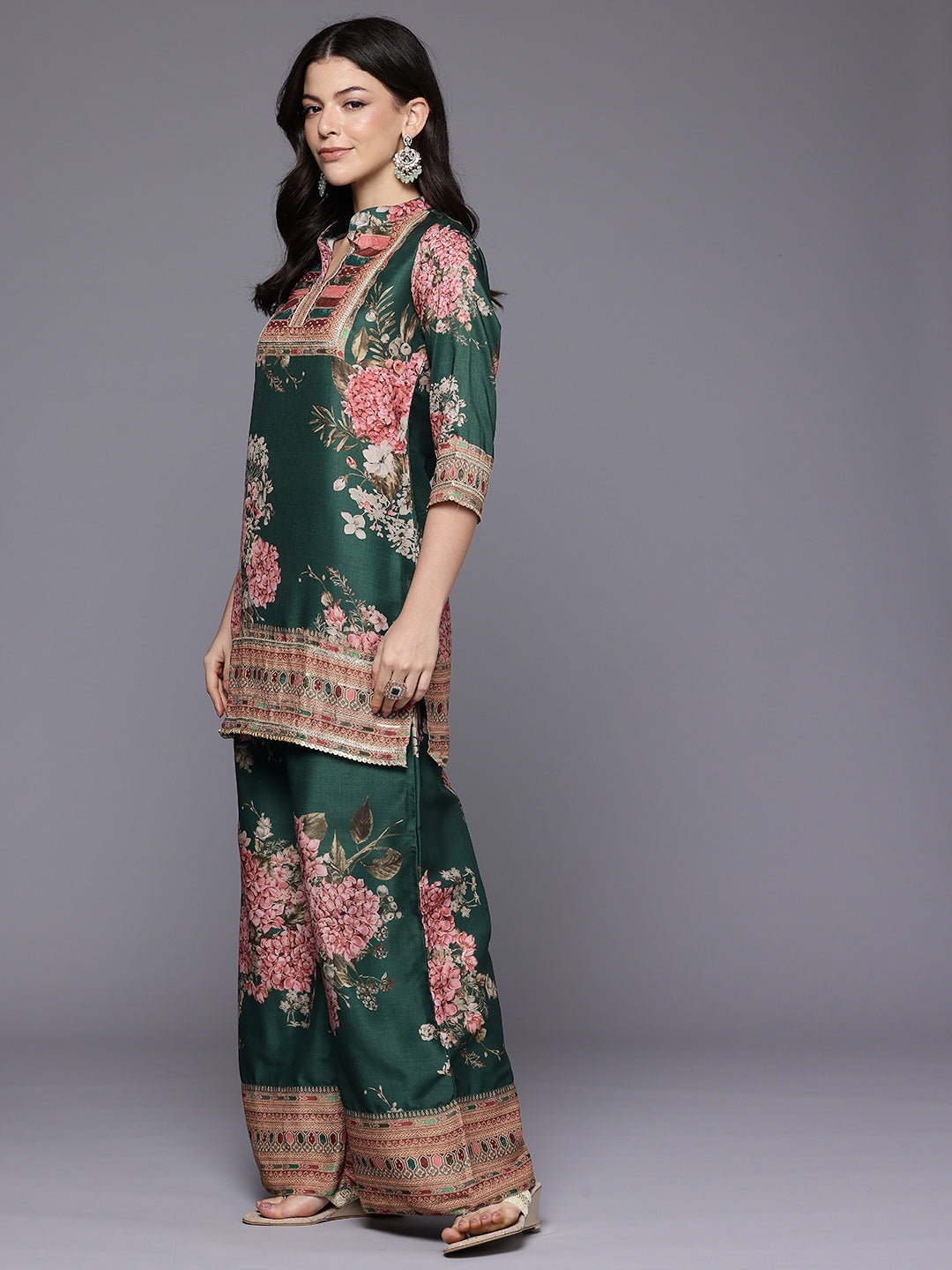 Printed Mandarin Collar Tunic with Palazzos