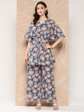 Blue Floral Printed Tunic With Palazzos
