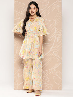 Tan Floral Printed Tunic With Palazzos