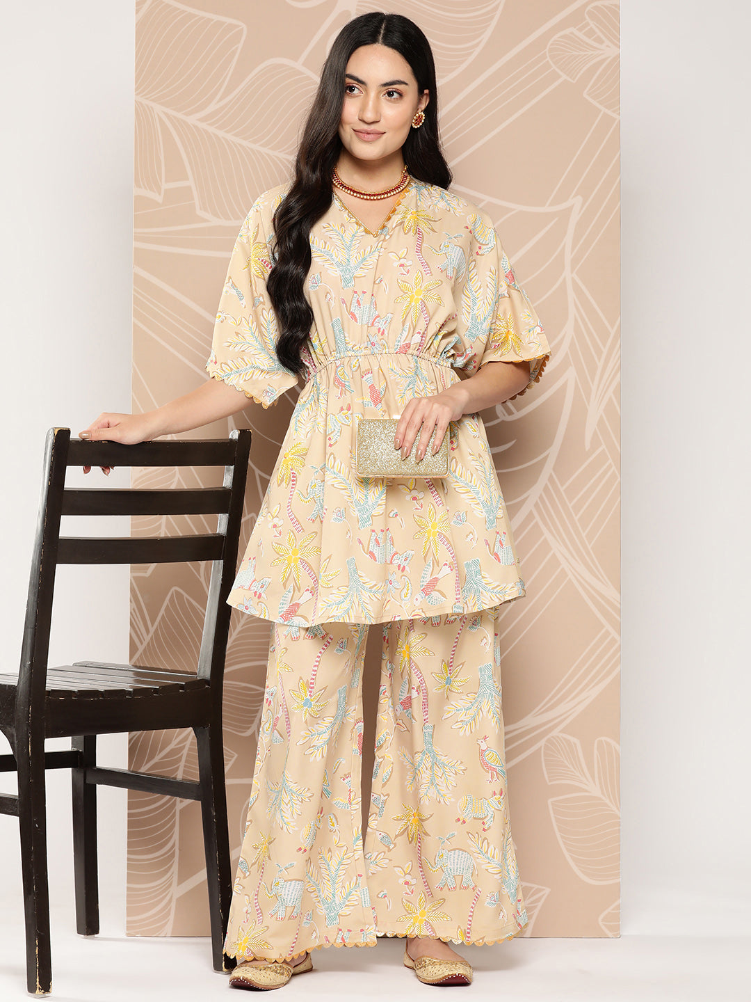 Tan Floral Printed Tunic With Palazzos