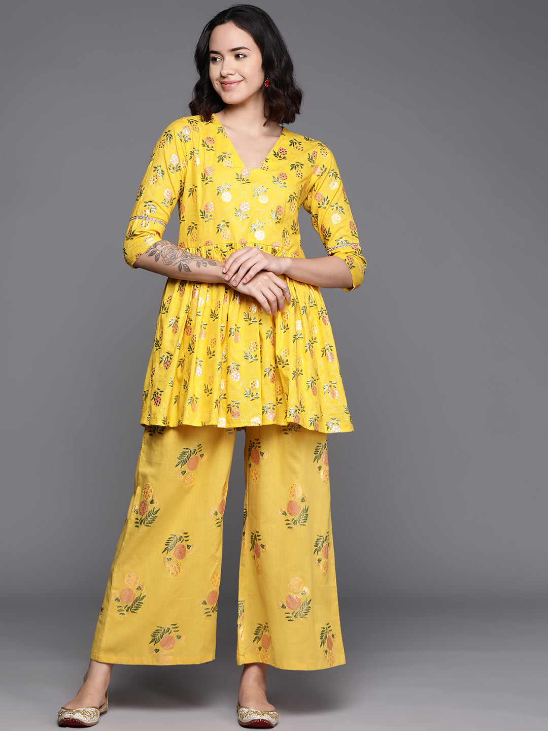 Yellow Floral Printed Pure Cotton Tunic With Palazzos