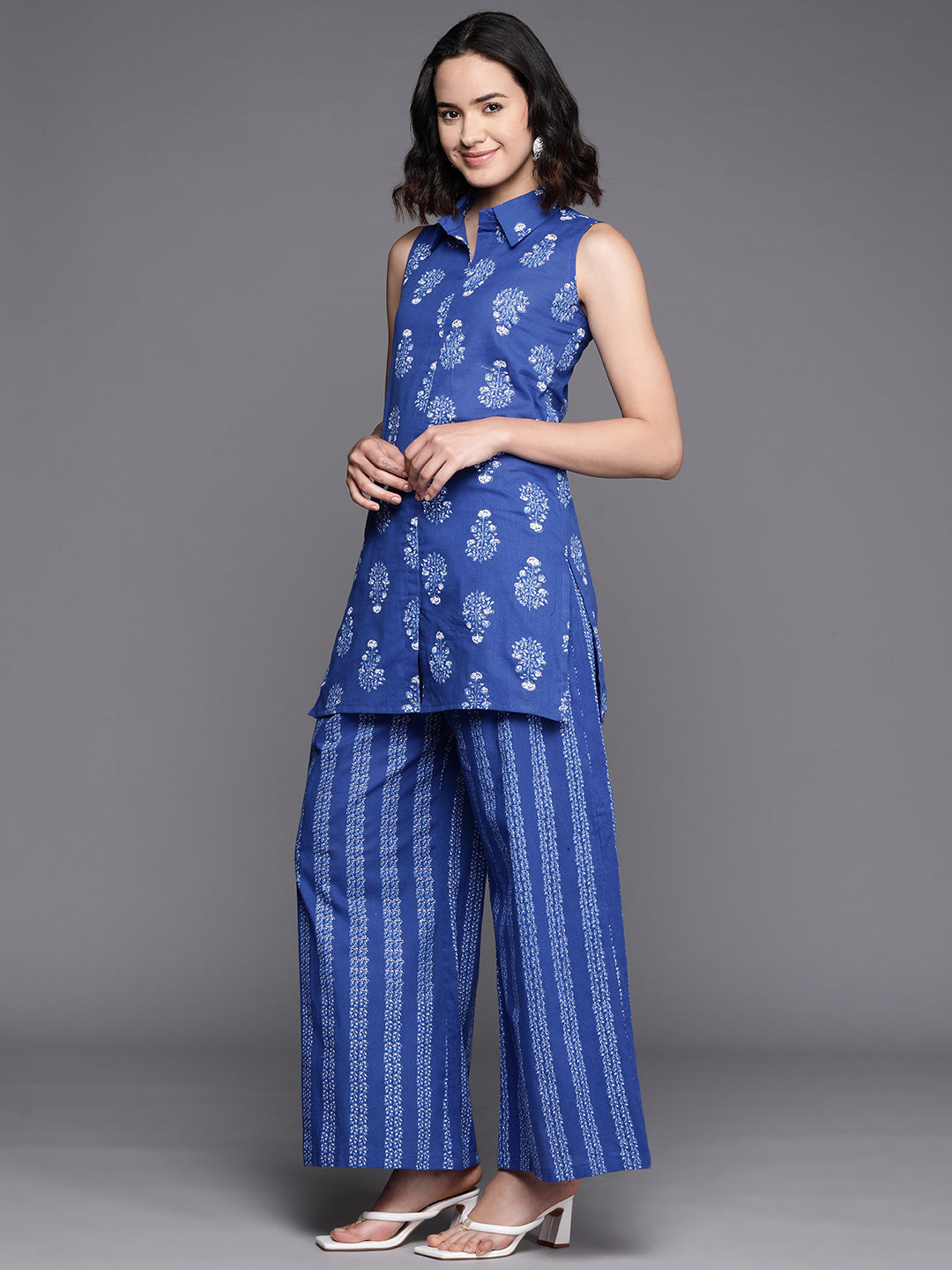 Blue Printed Pure Cotton Tunic With Palazzos