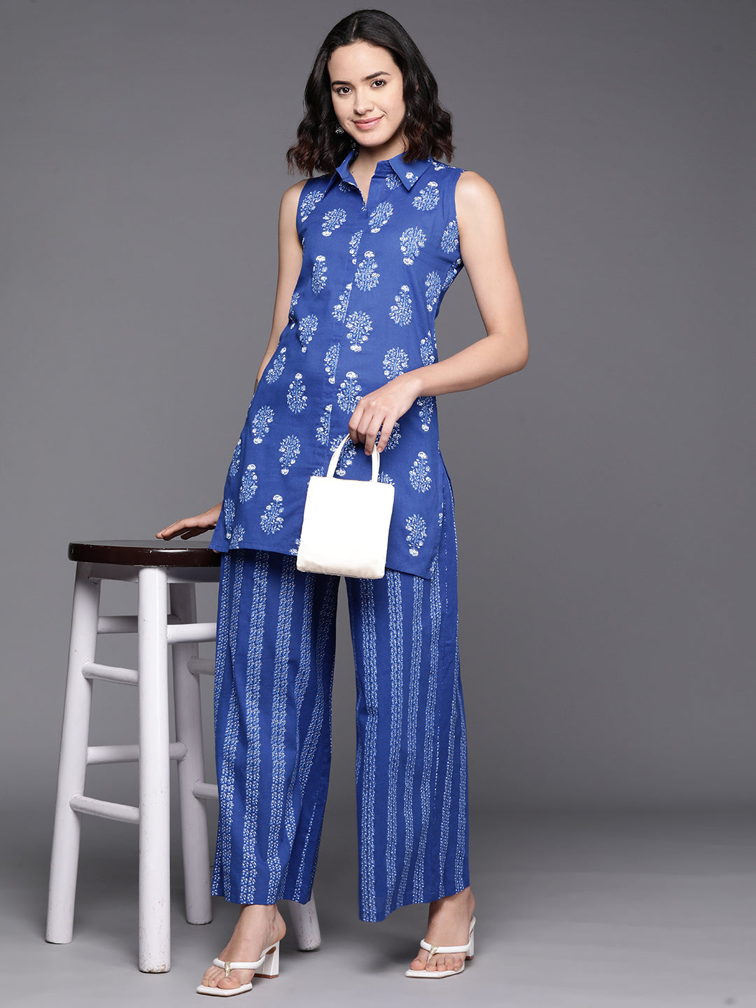 Blue Printed Pure Cotton Tunic With Palazzos