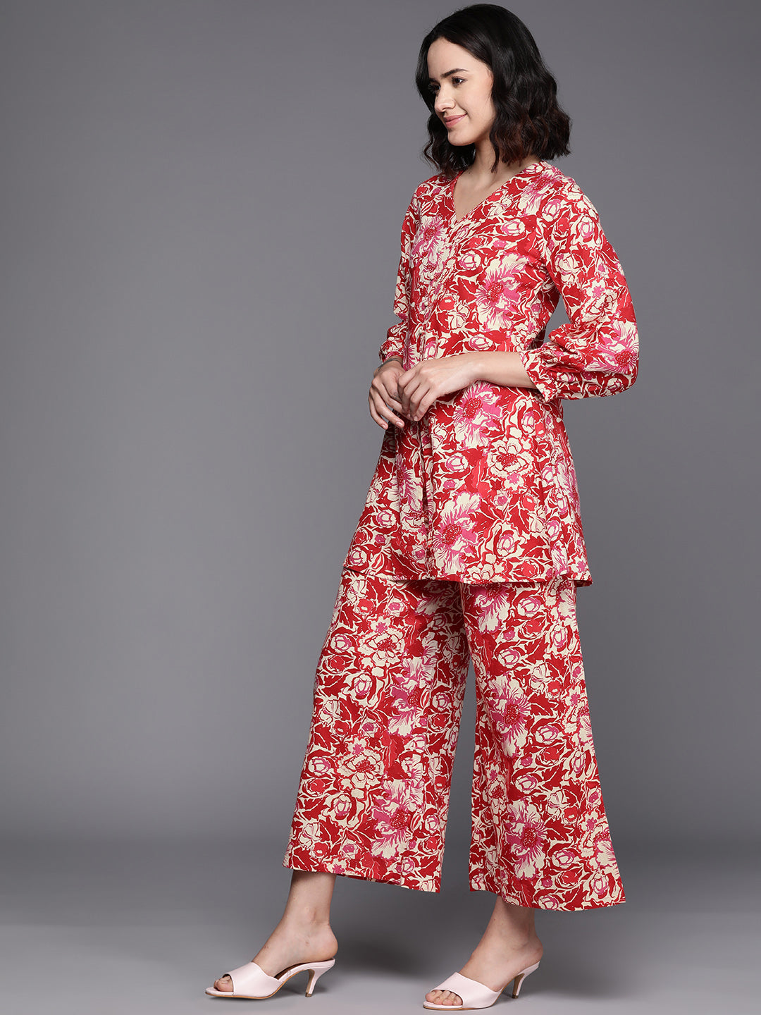 Red Printed Pure Cotton Tunic With Palazzos