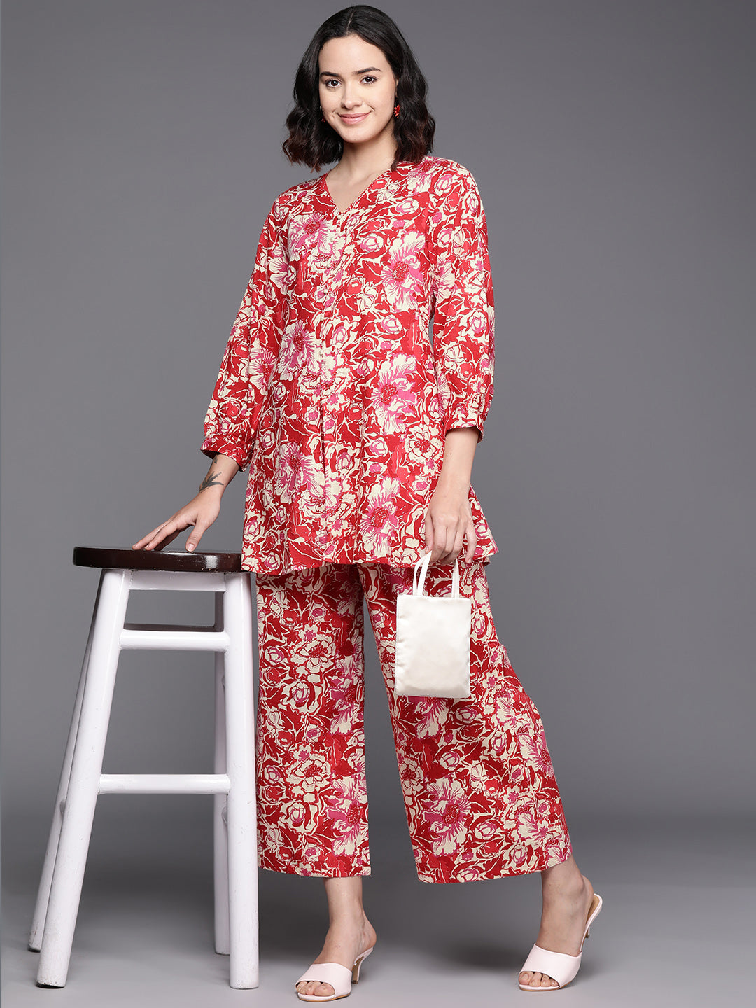 Red Printed Pure Cotton Tunic With Palazzos