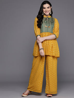 Floral Pleated Tie-Up Neck Kurti with Palazzos