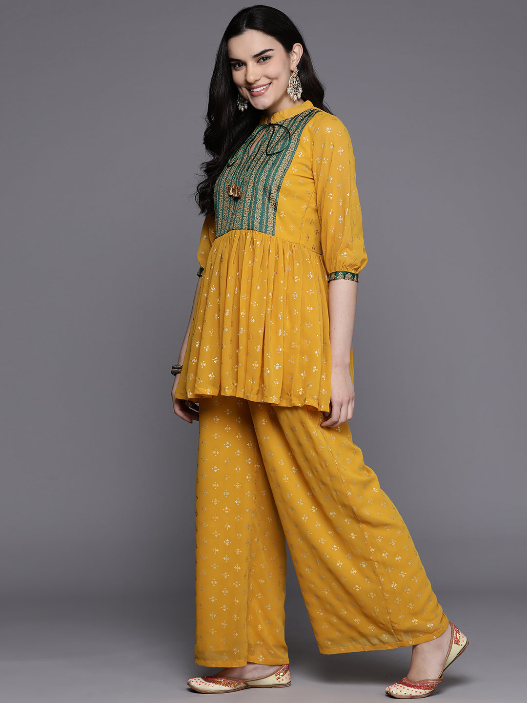 Floral Pleated Tie-Up Neck Kurti with Palazzos