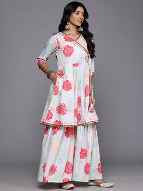Floral Printed Angrakha Gotta Patti Kurta with Sharara & Dupatta