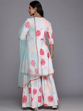 Floral Printed Angrakha Gotta Patti Kurta with Sharara & Dupatta