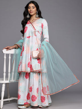 Floral Printed Angrakha Gotta Patti Kurta with Sharara & Dupatta