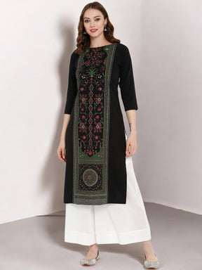 Black Printed Straight Kurta