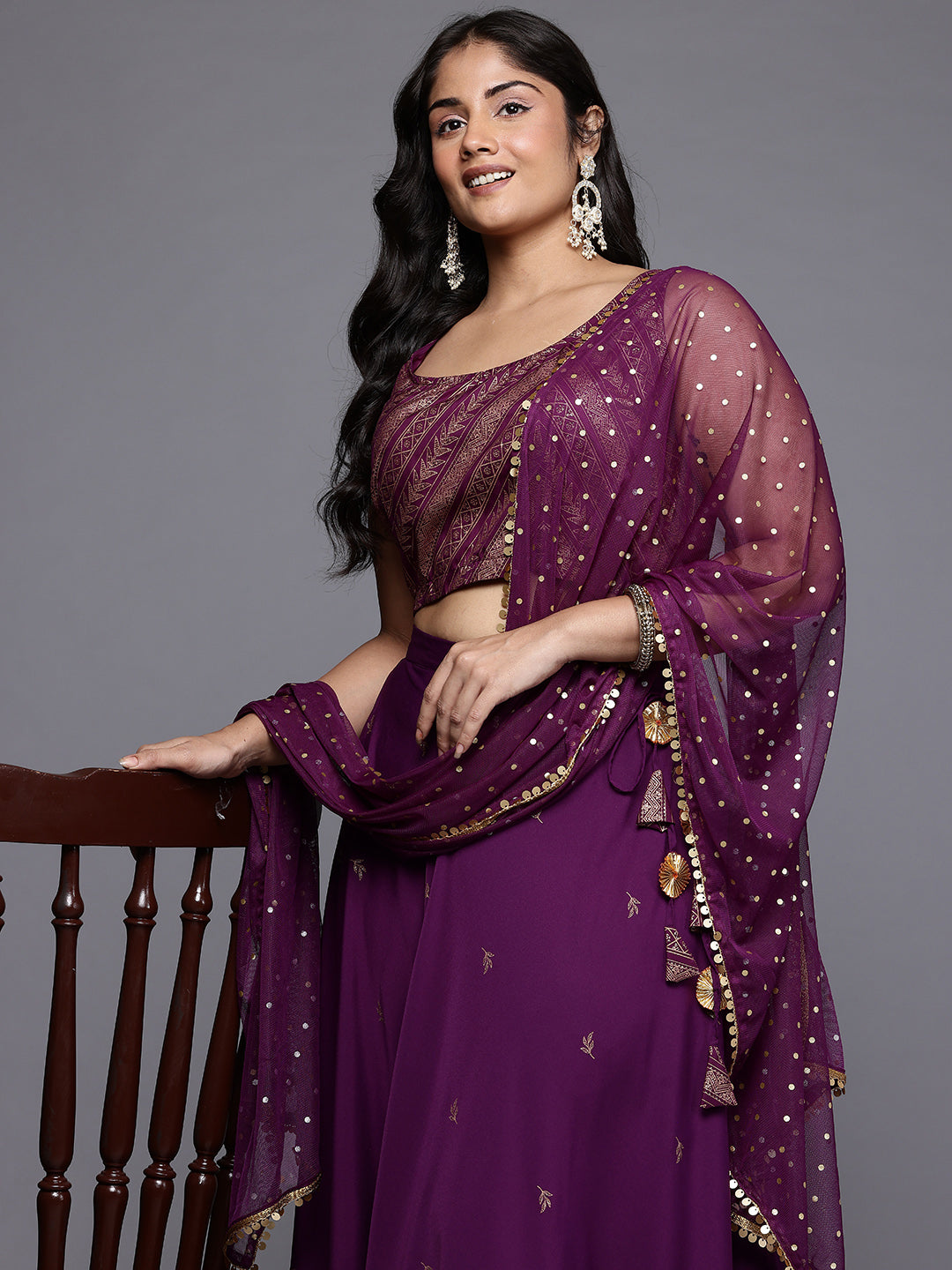 Plus Size Printed Sequinned Detail Foil Print Lehenga Choli With Dupatta