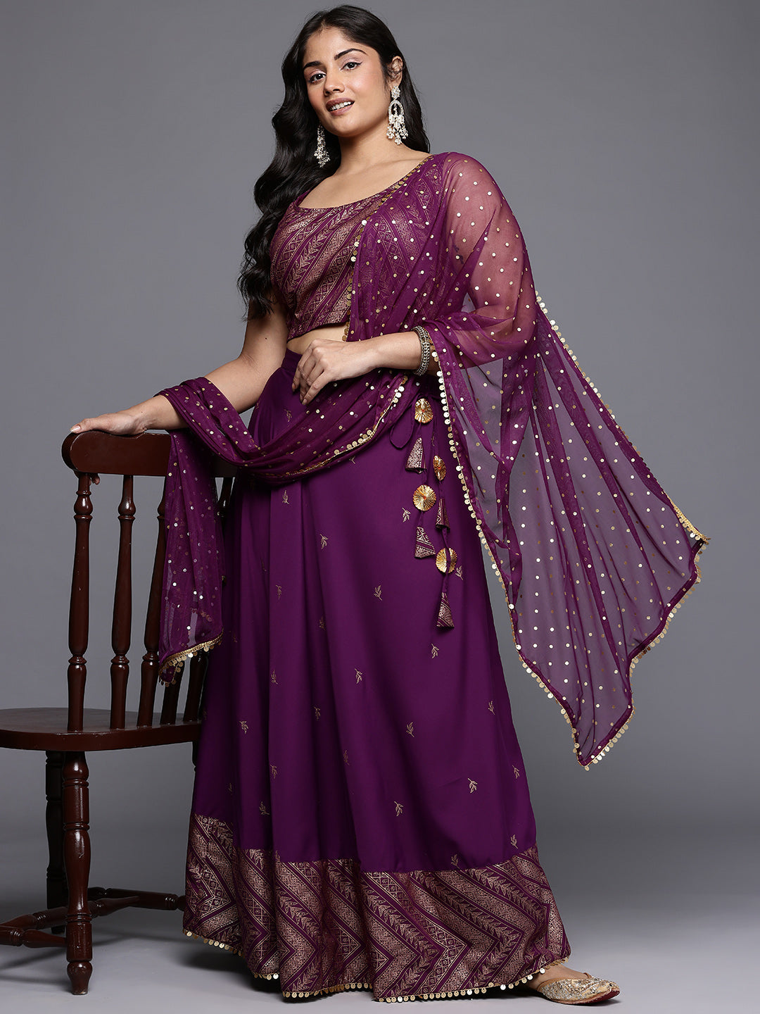 Plus Size Printed Sequinned Detail Foil Print Lehenga Choli With Dupatta