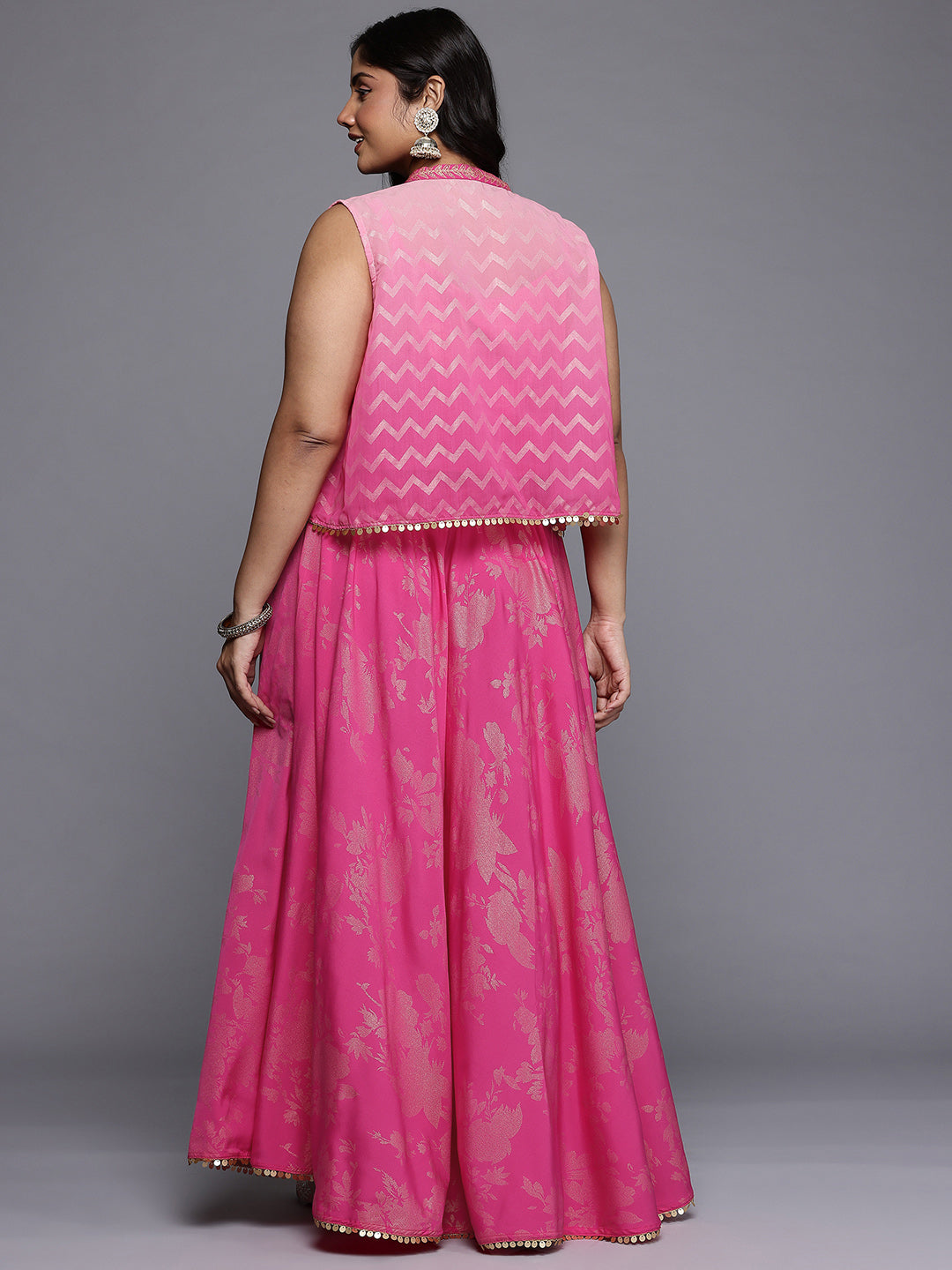 Floral Printed Top and Skirt with Ombre Effect Jacket