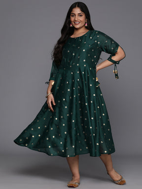 Plus Size Geometric Print Slit Sleeves A-Line Midi Ethnic Dress
