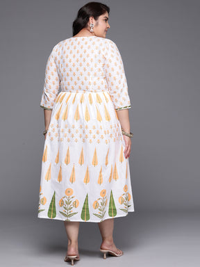 Plus Size Floral Printed Empire Midi Pure Cotton Ethnic Dress