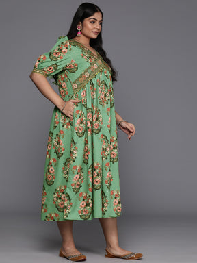 Plus Size Floral Print Puff Sleeves Sequinned Midi Empire Ethnic Dress