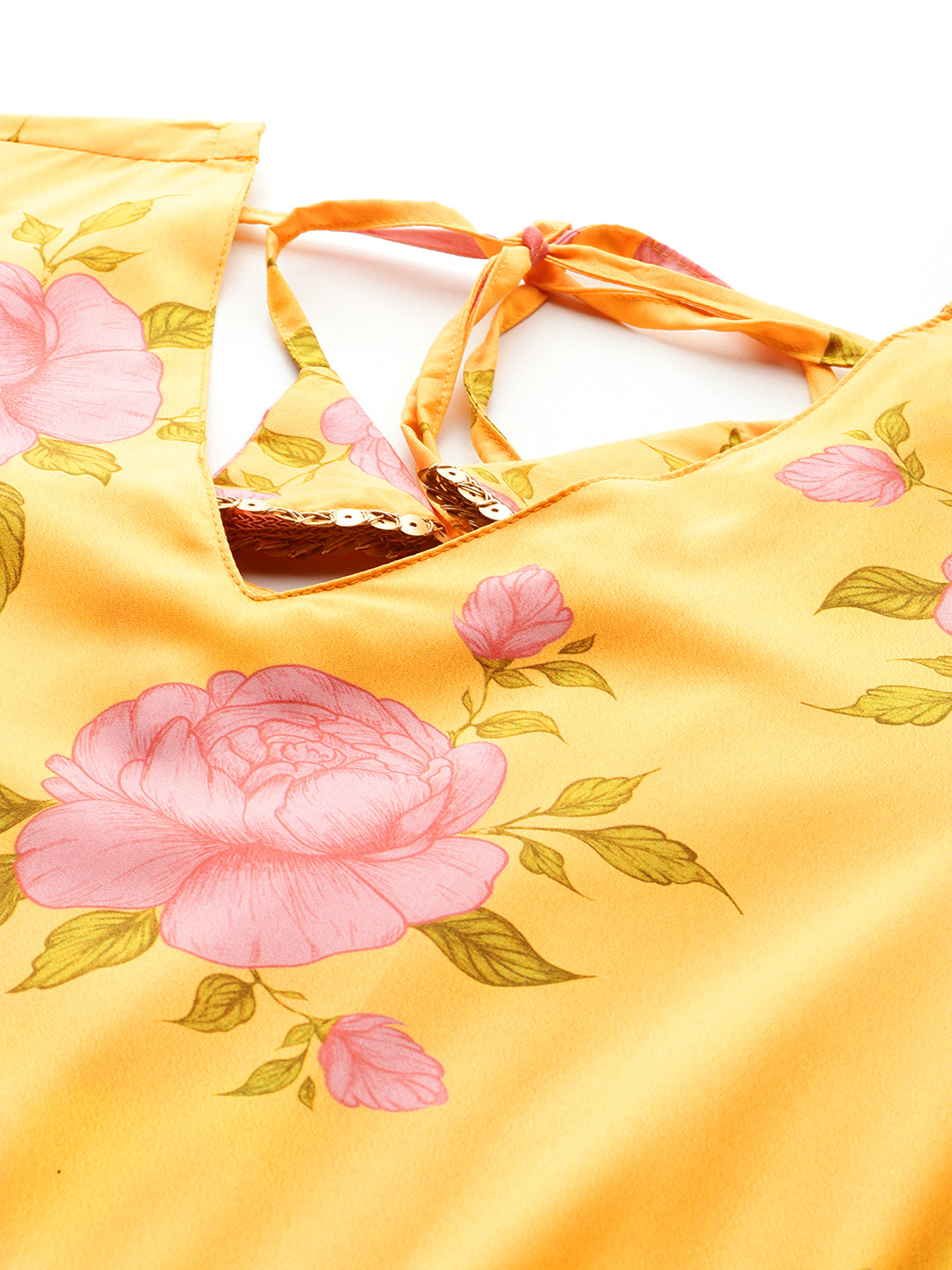 Floral Printed Sequined Detail V-Neck Maxi Dress