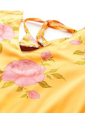 Floral Printed Sequined Detail V-Neck Maxi Dress