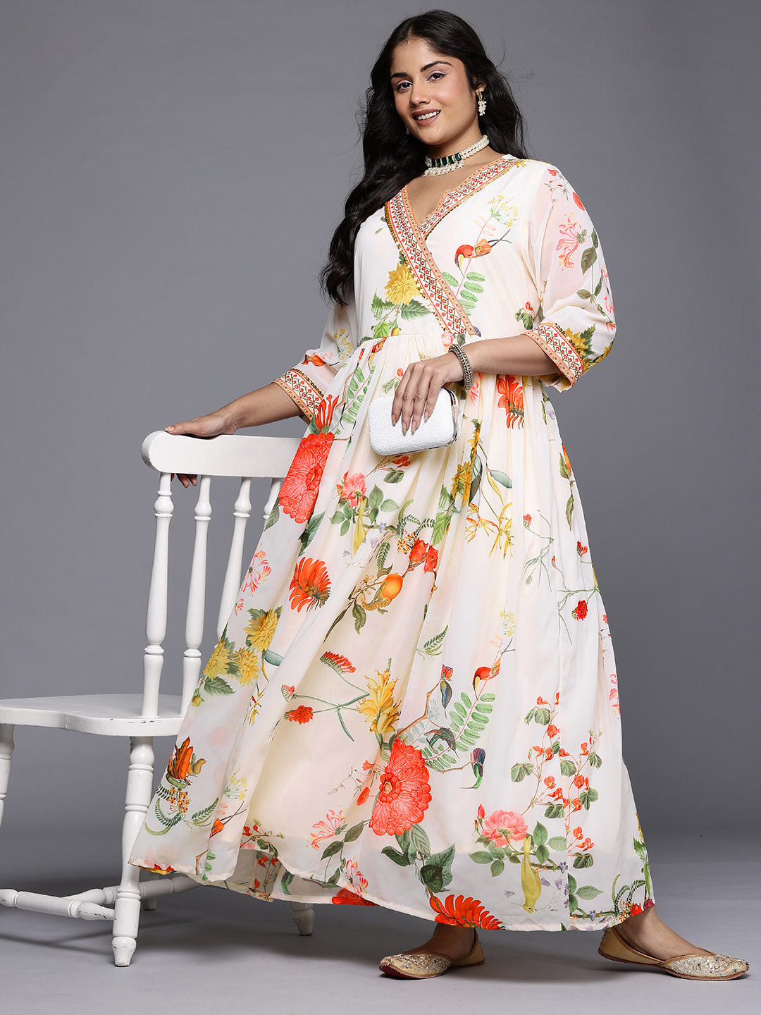 Floral Printed Sequined Detail Wrap Maxi Dress