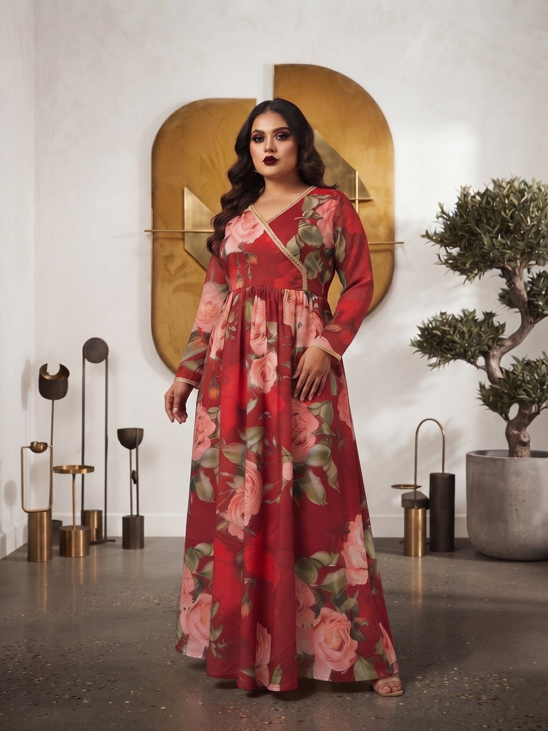 Printed V-Neck Fit & Flare Maxi Dress