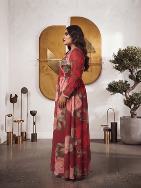 Printed V-Neck Fit & Flare Maxi Dress