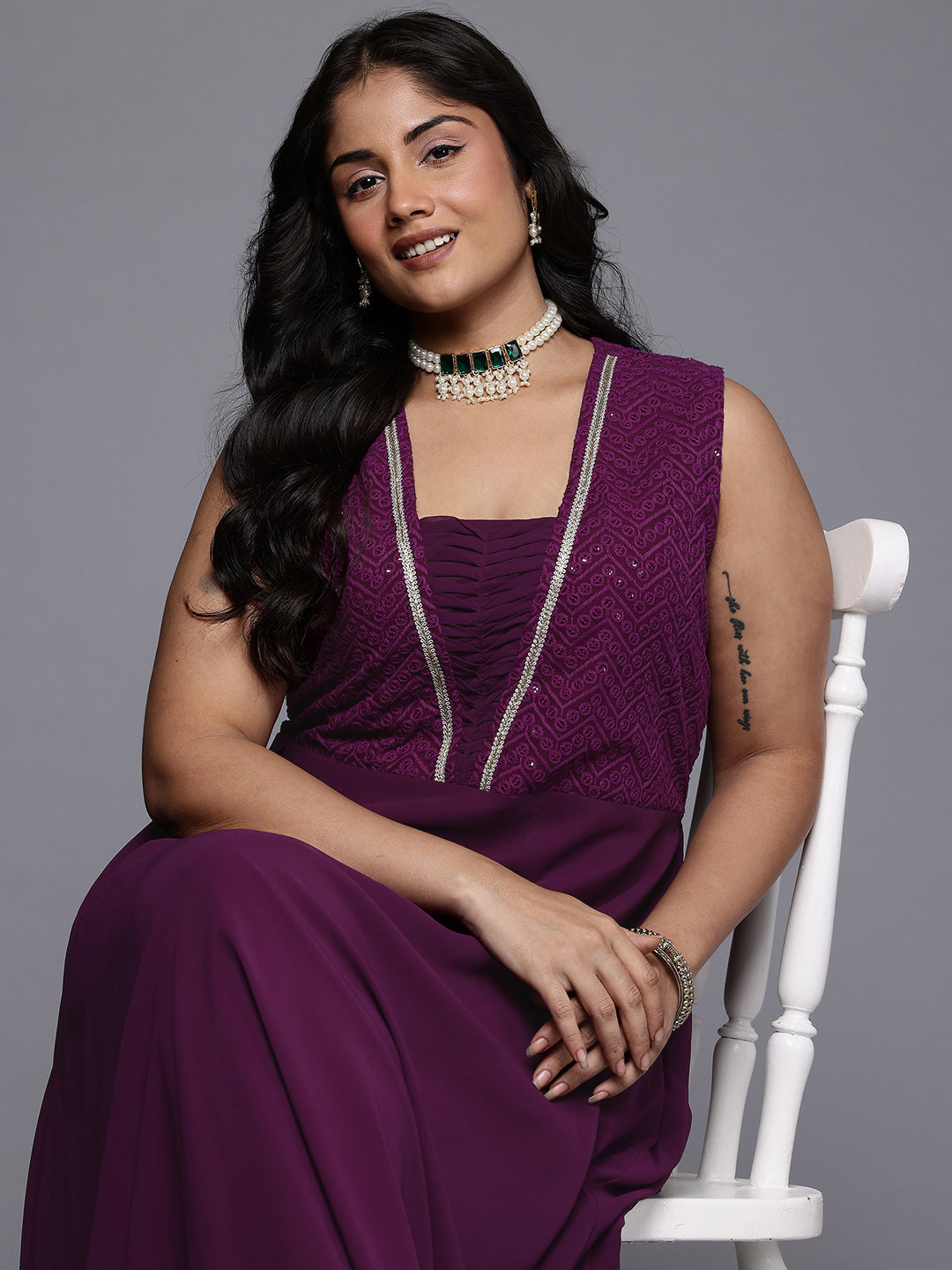 A PLUS BY AHALYAA Yoke Design V-Neck Lace Inserts A-Line Maxi Dress