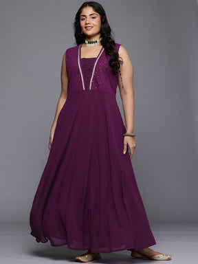 A PLUS BY AHALYAA Yoke Design V-Neck Lace Inserts A-Line Maxi Dress