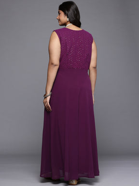 A PLUS BY AHALYAA Yoke Design V-Neck Lace Inserts A-Line Maxi Dress