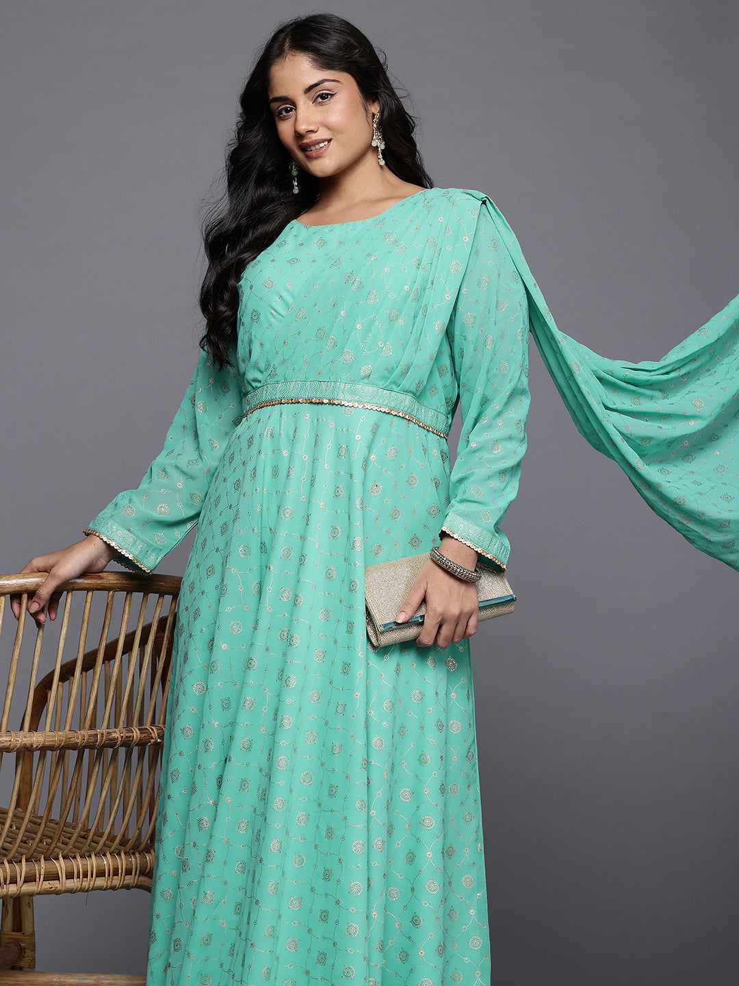 Ethnic Motifs Printed Sequence Detail Draped Maxi Dress