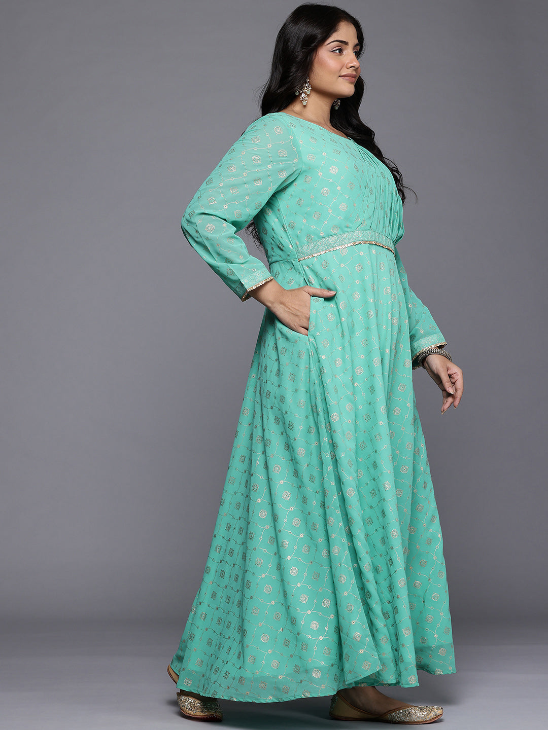 Ethnic Motifs Printed Sequence Detail Draped Maxi Dress