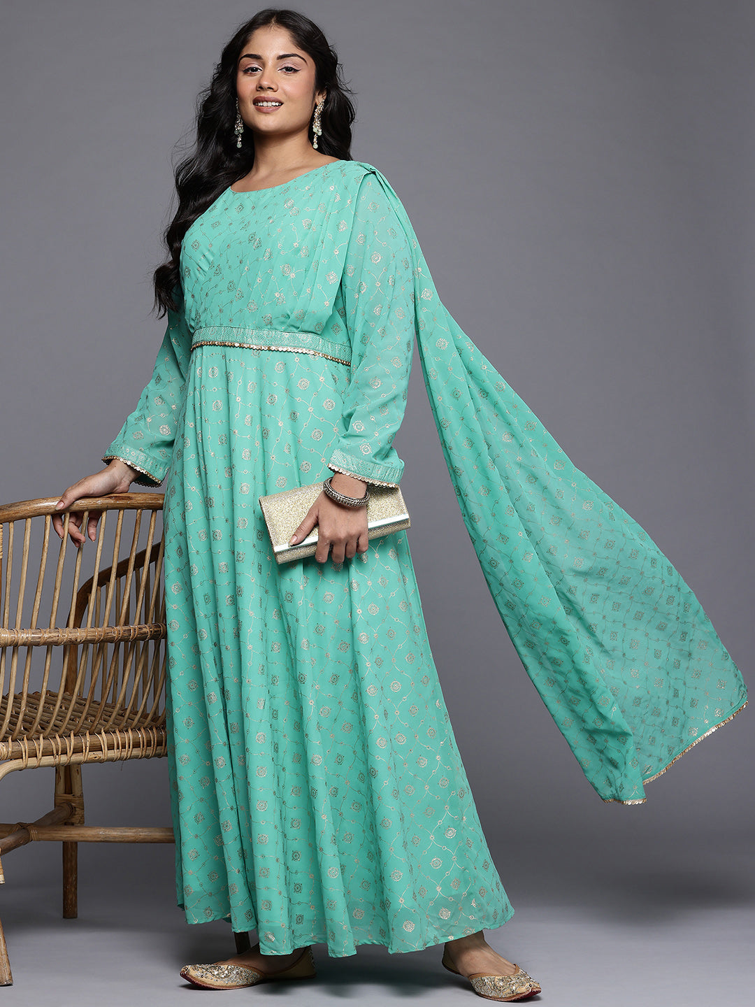 Ethnic Motifs Printed Sequence Detail Draped Maxi Dress