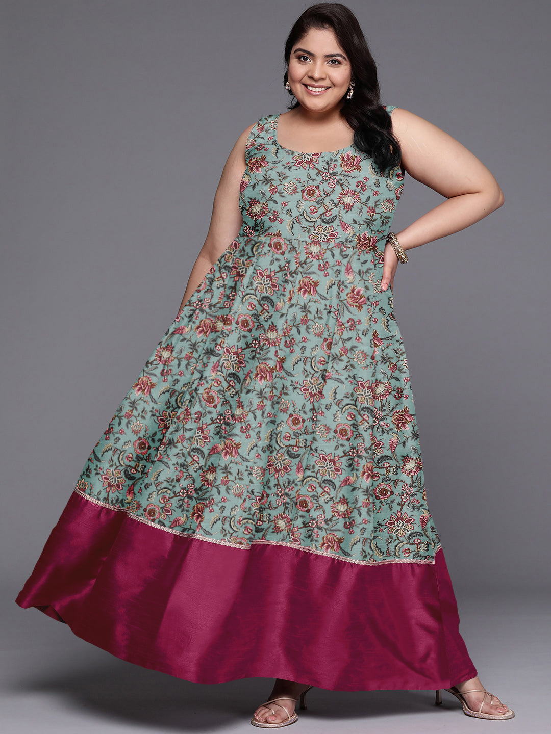 Women Plus Size Floral Printed Fit & Flare Maxi Ethnic Dress