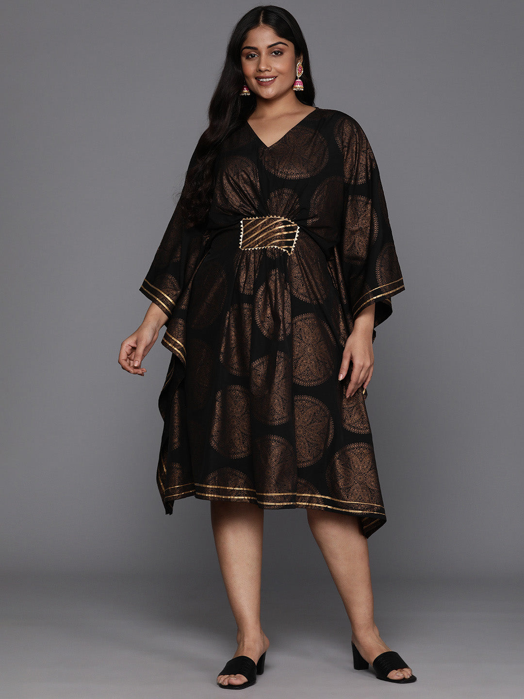 Plus Size Ethnic Print Flared Sleeves Kaftan Dress