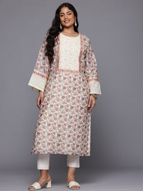 A PLUS BY AHALYAA Plus Size Floral Printed Sequinned Floral Chanderi Silk Kurta