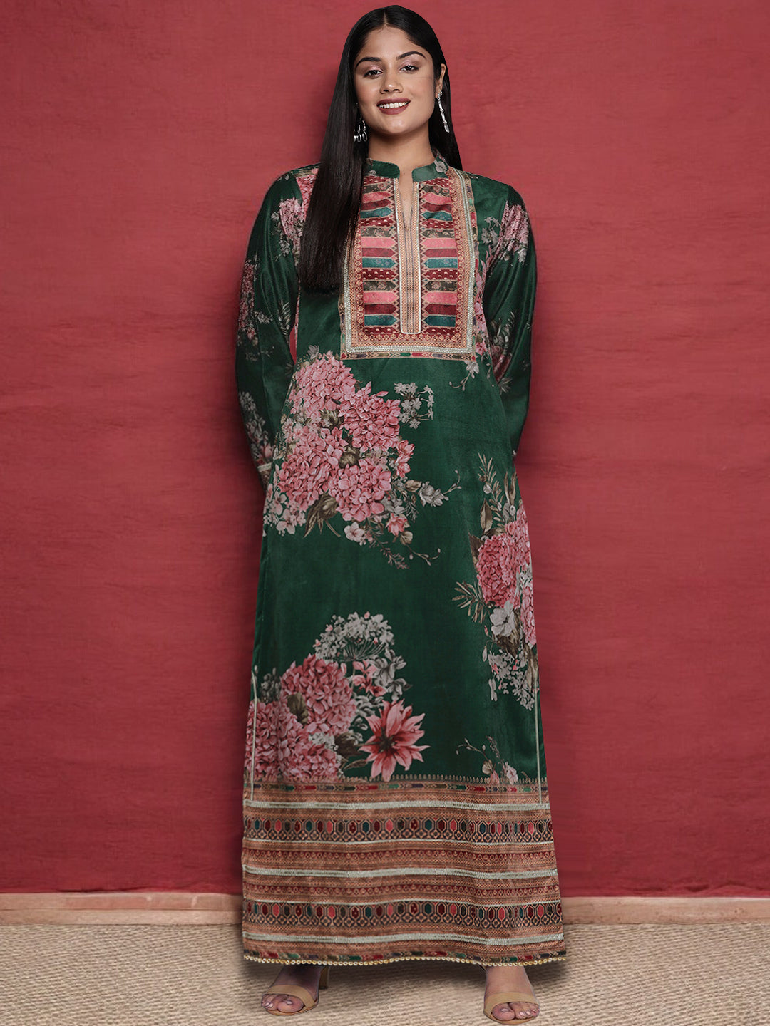 Floral Printed Mandarin Collar Sequinned Silk Kurta
