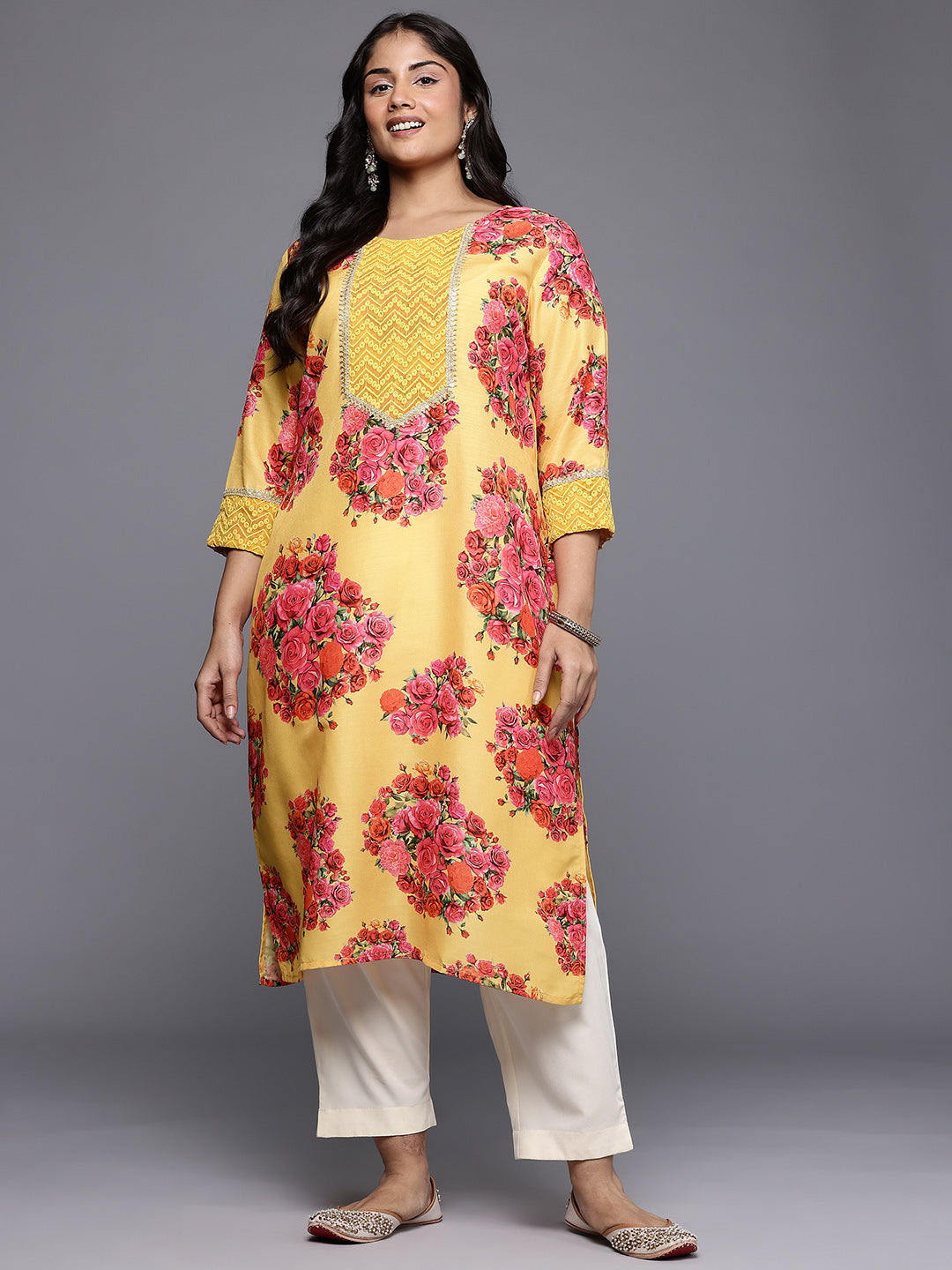 Plus Size Floral Printed Thread Work Yoke Design Regular Kurta