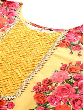 Plus Size Floral Printed Thread Work Yoke Design Regular Kurta