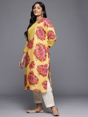 Plus Size Floral Printed Thread Work Yoke Design Regular Kurta