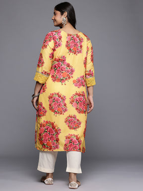 Plus Size Floral Printed Thread Work Yoke Design Regular Kurta