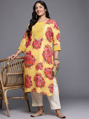 Plus Size Floral Printed Thread Work Yoke Design Regular Kurta