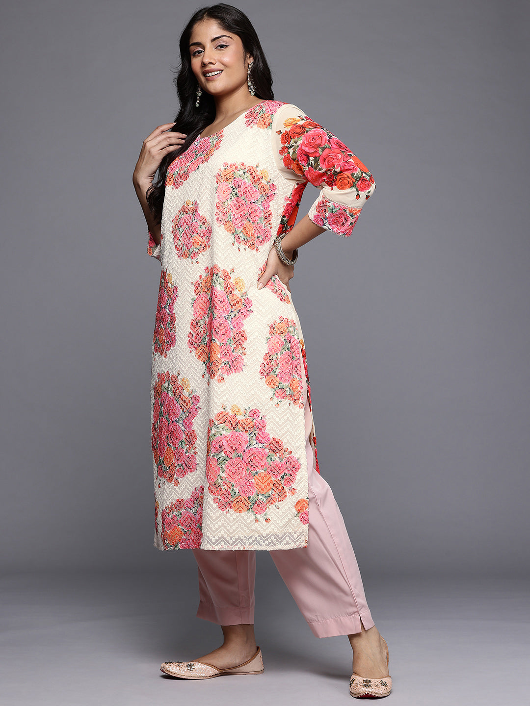 Plus Size Floral Embroidered Thread Work Regular Georgette Kurta