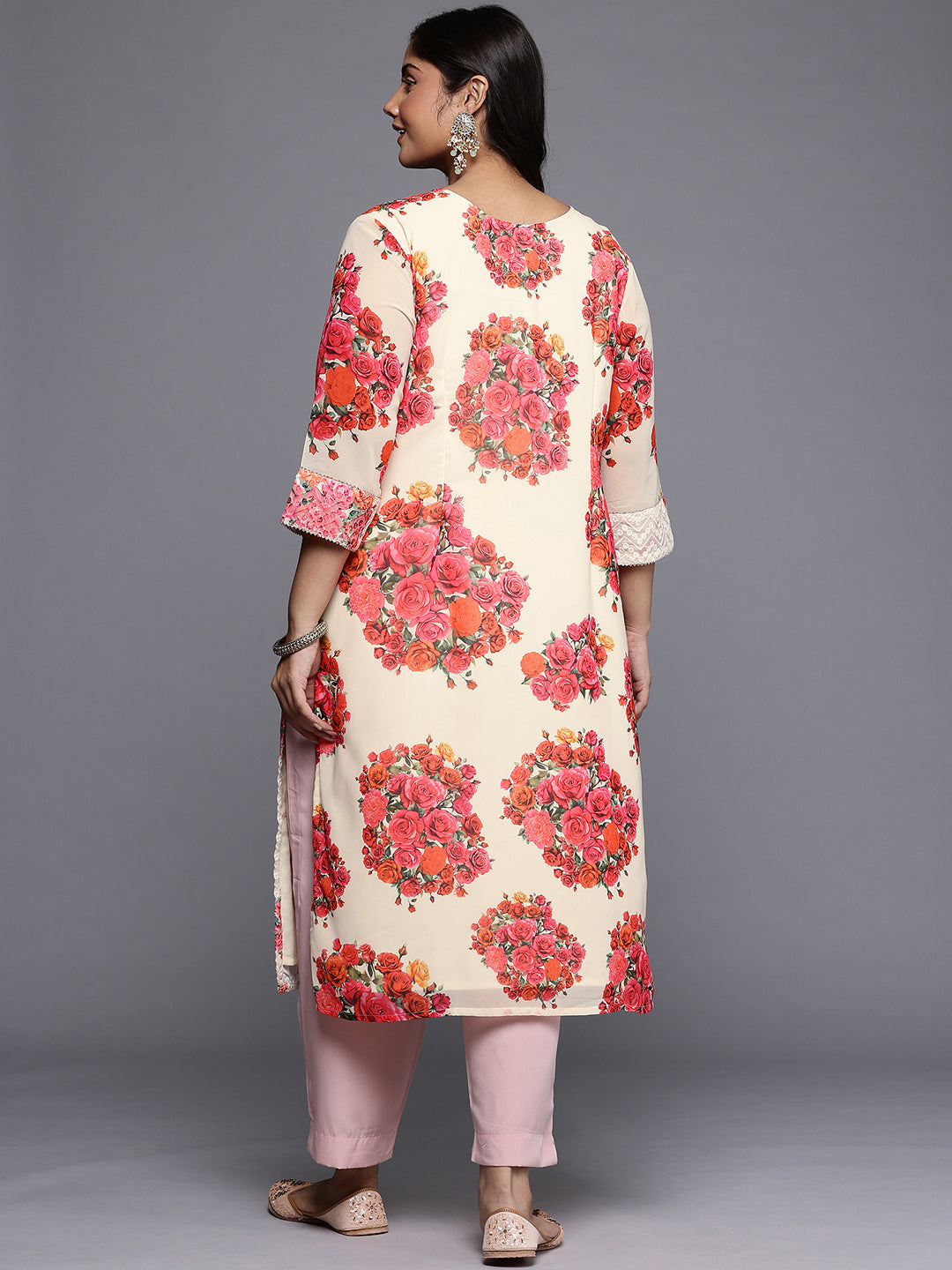 Plus Size Floral Embroidered Thread Work Regular Georgette Kurta