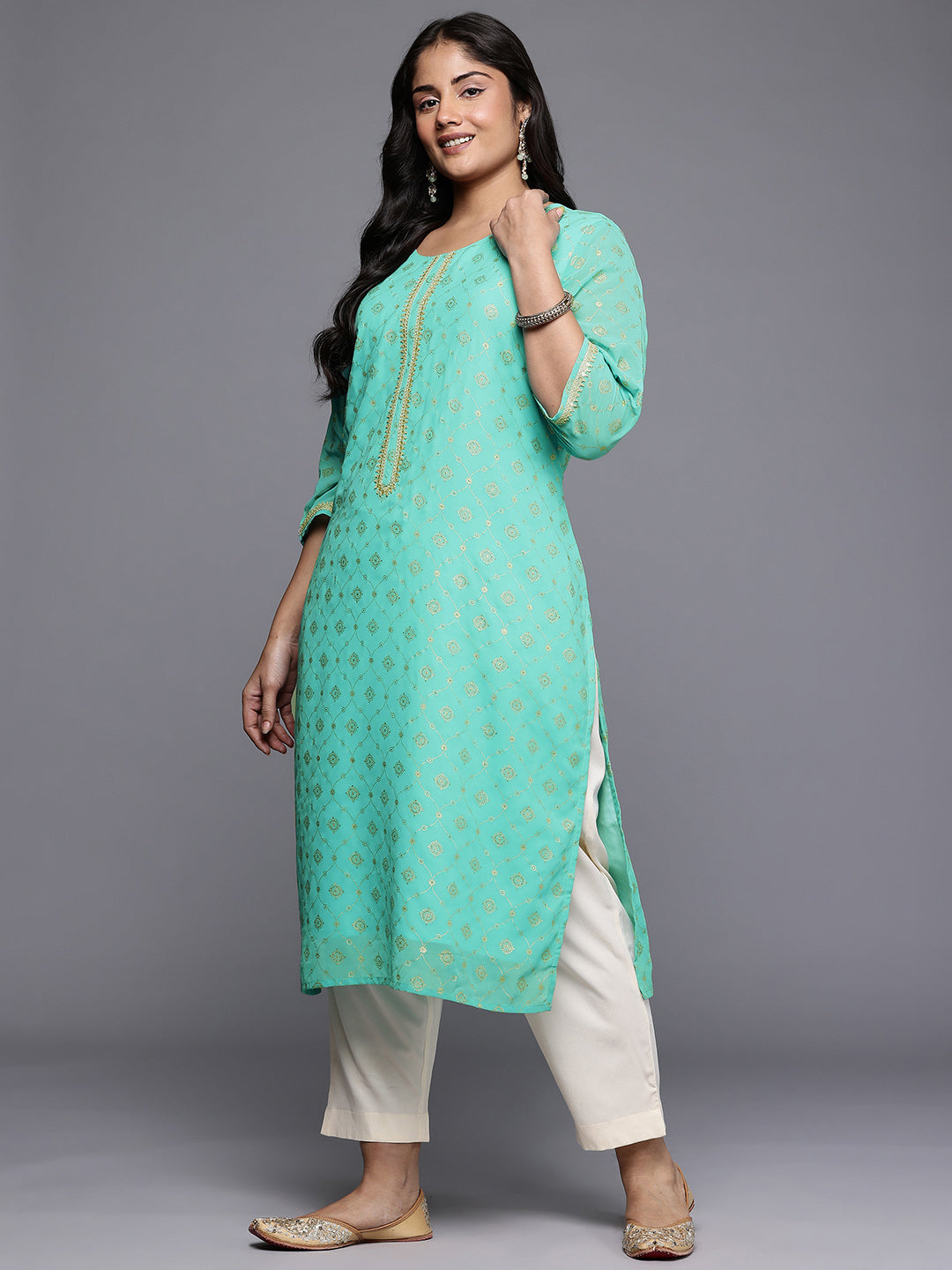 Plus Size Ethnic Motifs Foil Print Sequinned Georgette Regular Kurta