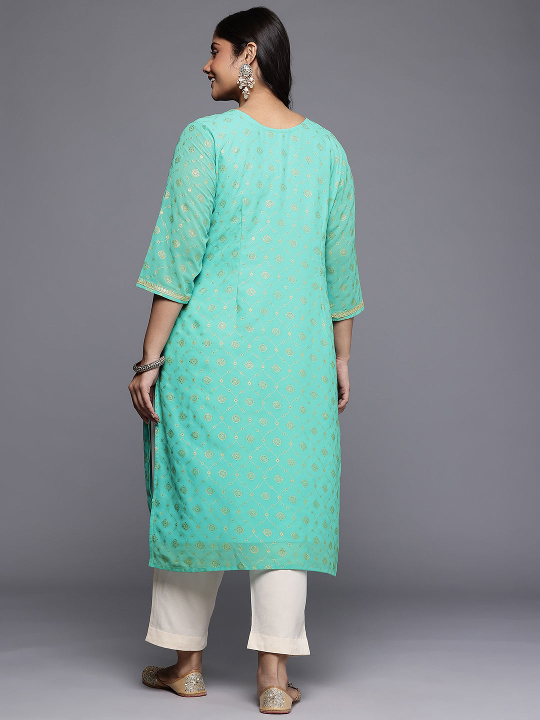 Plus Size Ethnic Motifs Foil Print Sequinned Georgette Regular Kurta