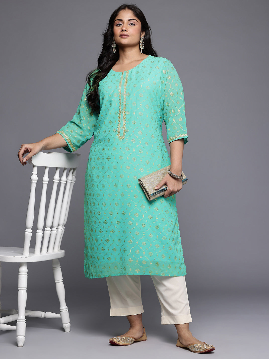 Plus Size Ethnic Motifs Foil Print Sequinned Georgette Regular Kurta