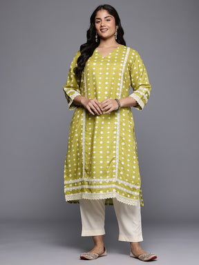 Plus Size Geometric Printed V-Neck Lace Detail Regular Kurta